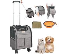 VEVOR Transportín para Mascotas con Ruedas Carga de 8,1 kg Maleta para Gatos 34x28x42 cm Transportador para Mascotas con Asa Telescópica Correa para Hombro Cremallera con Autocierre para Perros, Gris