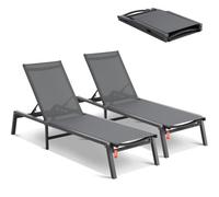 VEVOR Tumbona de Jardín para Exterior 2 Piezas Tumbona Plegable de Aluminio para Patio con 5 Posiciones Ajustables Tumbona Reclinable Totalmente Plana para Playa, Piscina, Exterior, Gris Oscuro
