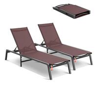 VEVOR Tumbona de Jardín para Exterior 2 Piezas Tumbona Plegable de Aluminio para Patio con 5 Posiciones Ajustables Tumbona Reclinable Totalmente Plana para Playa, Piscina, Exterior, Terraza, Marrón