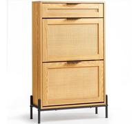 VEVOR Zapatero de Ratán Organizador Estrecho para Zapatos con 2 Cajones de Ratán Abatibles y 1 Cajón Deslizante, Patas de Metal, Zapatero Estrecho para Entrada, Armario, Pasillo, Color Madera Clara