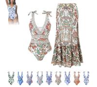 Vevri swimsuit with skirt V-neck one-piece set, V-neck high waist bikini print sexy set (#2,l)