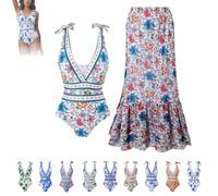 Vevri swimsuit with skirt V-neck one-piece set, V-neck high waist bikini print sexy set (#7,m)