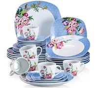 VEWEET HANNAH 30 Piezas Vajillas Elegantes de Porcelana para 6 Personas Vajillas con 6 Tazas 175 ml, 6 Platillos, 6 Platos Llanos, 6 Platos de Postre y 6 Platos Hondos, Azul y Blanco con Flores