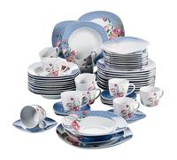 VEWEET HANNAH 60 Piezas Vajillas Elegantes de Porcelana para 12 Personas Vajillas con 12 Tazas 175 ml, 12 Platillos, 12 Platos Llanos, 12 Platos de Postre y 12 Platos Hondos, Azul y Blanco con Flores