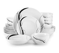 VEWEET Serie FIONA Vajilla Completa de Porcelana para 6 Personas, 24PCS con Platos Llanos, Platos de Postre, Cuencos para Pasta y Cuencos para Cereal, Blanco con Diseño de Líneas Negras y Plateadas
