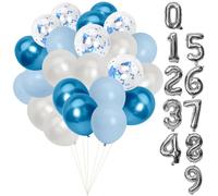 VewePata Juego de 60 globos de helio, cinta de 15 m, con globos de números del 0 al 9, globos pastel, para fiestas, baby shower, aniversarios, cumpleaños, bodas (juego azul)