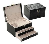 VEXDOSLE Caja de almacenamiento de cosméticos de gran capacidad de 3 niveles de cuero, caja de almacenamiento de cosméticos, caja de almacenamiento de collares, aretes, anillos, caja organizadora de