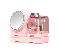 VEXDOSLE Caja de almacenamiento multifuncional para cosméticos, ventilador LED, caja de almacenamiento de maquillaje con espejo, tocador de escritorio, gran capacidad, para el cuidado de la piel,