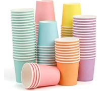 VEYLIN Pequeños vasos de papel desechables, 120 piezas, mini vasos de papel coloridos de 2 onzas, adecuados para bricolaje, fiestas, helados de tamaño muestra, yogur congelado y sopa caliente