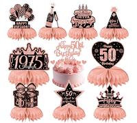 VeyoCraft Decoraciones de cumpleaños número 50 para mujer, 17 piezas de centro de mesa de oro rosa, centros de mesa de panal de abeja, suministros de decoración para tartas de feliz cumpleaños de 50