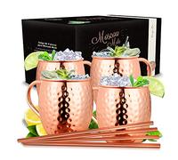 Vezato Moscow Mule Mugs [500ml] - Taza de cobre martillado con sorbete - Juego de cóctel de cobre hecho a mano [4 piezas] - 4 Tazas de cobre inoxidable para Mula de Moscú