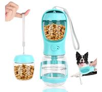 VFANDV Botella de Agua para Mascotas, Botella para Perros para Viajes, con Soporte contra Derrames y Dispensador de Comida, con 80ml Recipiente de Comida, para Caminar Viajar Acampar (Azul, 350ML)