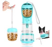 VFANDV Botella de Agua para Mascotas, Botella para Perros para Viajes, con Soporte contra Derrames y Dispensador de Comida, con 80ml Recipiente de Comida, para Caminar Viajar Acampar (Azul, 550ML)