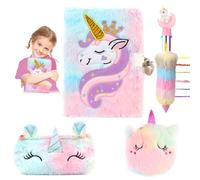 VFANDV Diario Secreto Niña, Juego de Diario de Unicornio de Felpa, Diario Unicornio con Llave y Candado para con Bolígrafo Multicolores, Regalo de Niña Unicornio para 4 5 6 7 8 9 Años (Polvo)