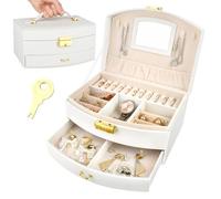 VFANDV Joyeros Mujer Organizador, Joyeros Grandes Organizadores para Mujer, 2 Niveles Caja Organizador Joyas Cuero PU con Espejo y Cajones con Cerradura para Anillos, Pendientes, Collares, Pulseras