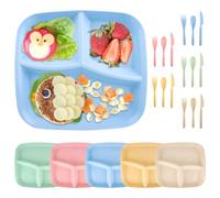 VFANDV Juego de 5 Piezas Plato Dividido, Plato Dividido en 3 Compartimentos con Cuchillos, Tenedores y Cucharas Plato Llano Dividido de Plastico Reutilizables Plato Dieta para Adultos y Niños
