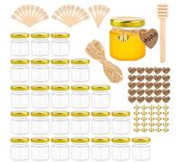 VFANDV Mini Tarros de Miel Hexagonales, 25 Piezas 45ml Tarros De Miel De Cristal con Tapa, Tarro de Mermelada con Cucharones de Madera, Colgantes de Abeja