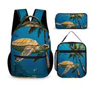 VFKLT Juego de 3 mochilas con diseño de palmeras y tortugas marinas, bolsa de viaje subacuática, portátil, casual, mochila deportiva con lonchera y estuche para lápices, palmeras y tortugas marinas
