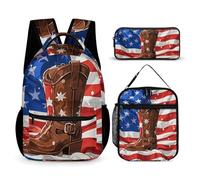 VFKLT Juego de 3 mochilas de bandera estadounidense con botas de vaquero, bolsa de viaje, mochila deportiva portátil casual con lonchera y estuche para lápices, bandera estadounidense con botas de