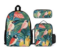 VFKLT Mochila con diseño de pájaros tropicales y hojas de plantas con lonchera y estuche, juego de 3 piezas, bolsa de viaje, mochila casual para laptop, color blanco, talla única, mochilas de viaje,