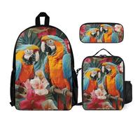 VFKLT Mochila con diseño de plantas tropicales y loros con lonchera y estuche, juego de 3 piezas, bolsa de viaje, mochila casual para laptop, color blanco, talla única, mochilas de viaje, Blanco,