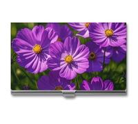 VFKLT Portatarjetas de visita de flores moradas con bolsillo delgado portátil de metal para tarjetas de visita, organizador de tarjetas de crédito, cartera para tarjetas de crédito, funda para