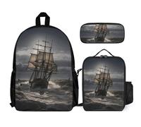 VFKLT Sailing Ship in Storm - Mochila con lonchera y estuche, juego de 3 piezas, bolsa de viaje, mochila casual para laptop, color blanco, talla única, mochilas de viaje, White, Talla única, Mochilas