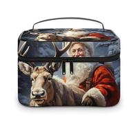 VFMKT Bolsa de maquillaje portátil de Papá Noel y ciervo, bolsa de cosméticos de viaje con cremallera, organizador de maquillaje, neceser para mujeres y mujeres, Papá Noel y alce de ciervo, 25x18x15cm