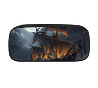 VFMKT Estuche de cuero impermeable para lápices, bonito estuche de viaje, organizador de maquillaje, para hombres y mujeres, velero pirata, luna llena