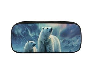 VFMKT Estuche de cuero impermeable para lápices, bonito estuche de viaje, organizador de maquillaje, para hombres y mujeres, osos polares, luces del norte