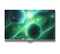 VFMKT Tarjetero delgado de metal para tarjetas de visita, portátil, bolsillo para tarjetas de nombre, billetera de planeta con luz verde para hombres y mujeres, oficina, viajes