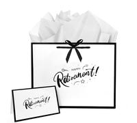 VFUNZA Regalos de jubilación para mujeres/hombres con papel de seda y tarjeta de felicitación, bolsa para feliz/divertido/mejor jubilado, bolsas de regalo de lujo con borde negro de 13 pulgadas
