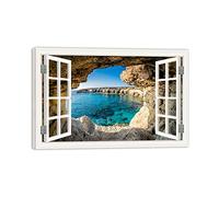 VFUNZA Ventana Cuadro sobre Lienzo-Vista mar cueva-Impresión de Naturaleza sobre Lienzo-Paisaje Imagen Listo para Colgar-Cuadros Decoracion Salon Modernos 80x120cm31x47in Enmarcado