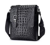 VGEBY Bolso de Hombro, Bolso de Mensajero Vintage de Cuero de Vaca de Primera Calidad para Hombres con Patrón en Relieve Múltiples Bolsillos Tamaño 27x24 5x7cm (BLACK)