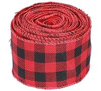 VGEBY Cinta a Cuadros con Borde con Alambre para Envolver y Manualidades, Lino Duradero de 5m de Largo con Alambre de Hierro (negro rojo)