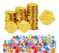 VGECEE 150 Uds I Juego Monedas Oro Juguete: 100 Monedas Doradas Juguete + 50 gemas de plastico de colores Monedas Tesoro Pirata Monedas Oro Piratas Monedas Piratas para Niños Fiestas Temáticas Piratas
