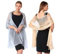 VGECEE 2 Pcs Chal Mujer Boda 200×68cm Chal de Fiesta Elegante Estola de Fiesta Boda para Mujer Capa Larga de Gasa Suave Elegante Bonito Festivo Chal Vestido Plata + Dorado para Invitada Boda Evento