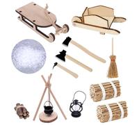 VGECEE Accesorios Casa Muñecas Navidad de Madera 1/12 Miniaturas 14Pcs, Rejilla para Caldera Caldera Haz de leña Rodaja de Tronco Lámpara de Aceite Nieve Paquete Hacha x3 Escoba Trineo Carro Paja x2