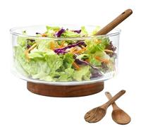 VGECEE Bol Cocina Cristal 23cm 3700ml Bol Ensalada Grande Bol de Mezcla Ensaladera Cristal con base de Madera Apto para Lavavajillas Microondas para Preparar, Servir y Mezclar + 1x Cuchala 1x Tenedor