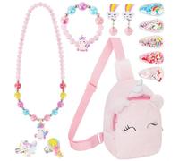VGMANNTA Unicornios para Niñas Bolso Collares Pulseras Anillos Clips para Las Orejas Pinzas Cabello Joyas Regalo 4-8 Años-Rosa1
