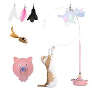 Vgpbphj Meowmastery Toy, Meow Mastery Teaser Wand with 3 Types 0f Replacement Feathers, Interactive Cat Teaser Wand with Strong Suction Cup, Indoor Hunting and Chasing Toy (Pink)