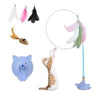 Vgpbphj Meowmastery Toy, Meow Mastery Teaser Wand with 3 Types 0f Replacement Feathers, Interactive Cat Teaser Wand with Strong Suction Cup, Indoor Hunting and Chasing Toy (Blue)