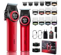 VGR 001 & 977 Cortapelos Profesionales para Hombres, Set de Maquina de Cortar Pelo Hombre y Trimmer de Precisión, Kit de Corte Pelo con Cuchilla Revestida DLC y Luz LED, USB Recargable, Rojo