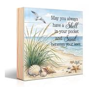 Vgrti Letrero de caja de madera con texto en inglés "May You Always Have Shells in Your Pockets and Sand Between Your Toes", decoración inspiradora de escritorio de playa para el hogar de vacaciones