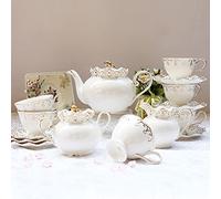 VGVSBG Juego de té de Porcelana de 15 Piezas con Tetera, Tazas de té y platillo, Juego de Tazas de café, Juego de té de cerámica, Juego de té de la Tarde