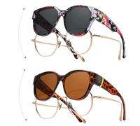 VgxRolq Pack de 2 gafas de sol sobre gafas normales, gafas de sol para usuarios de gafas, flores y lentes grises, patrón de carey y lentes marrones, mujeres y hombres