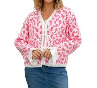 Vhersily 2025 Cárdigan De Manga Larga Para Mujer, Con Leopard Tie Frontal, Tejido, Crop Suéter Cardigan Manga Linterna Cuello en V Hombro Caída Casual Color Sólido, Para Otoño e Invierno, Rosa, M