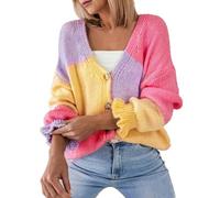 Vhersily 2025 Cárdigan de mujer con cuello en V de manga larga con botones Casual de punto en bloques de color, para entretiempo, negocios, trabajo, otoño e invierno, versátil para look, amarillo, L