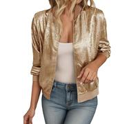 Vhersily 2025 Chaqueta Bomber Mujer Casual Manga Larga Color Sólido Blouson Ligero Zip Up Outwear Cardigan con Lentejuelas Negras de Aviador Cremallera Frontal Puños acanalados Abierto Frente para