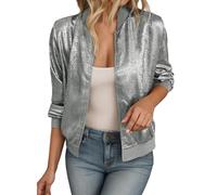 Vhersily 2025 Chaqueta Bomber Mujer Casual Manga Larga Color Sólido Blouson Ligero Zip Up Outwear Cardigan con Lentejuelas Negras de Aviador Cremallera Frontal Puños acanalados Abierto Frente para